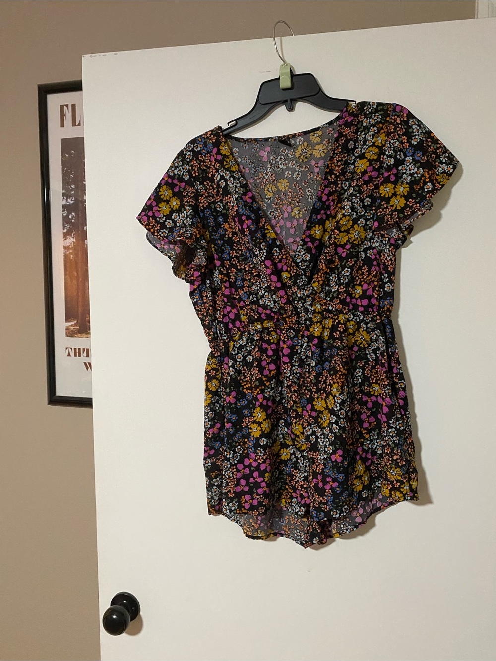 SHEIN Black Floral V-Neck Camisole Romper with Pink & Yellow Flowers